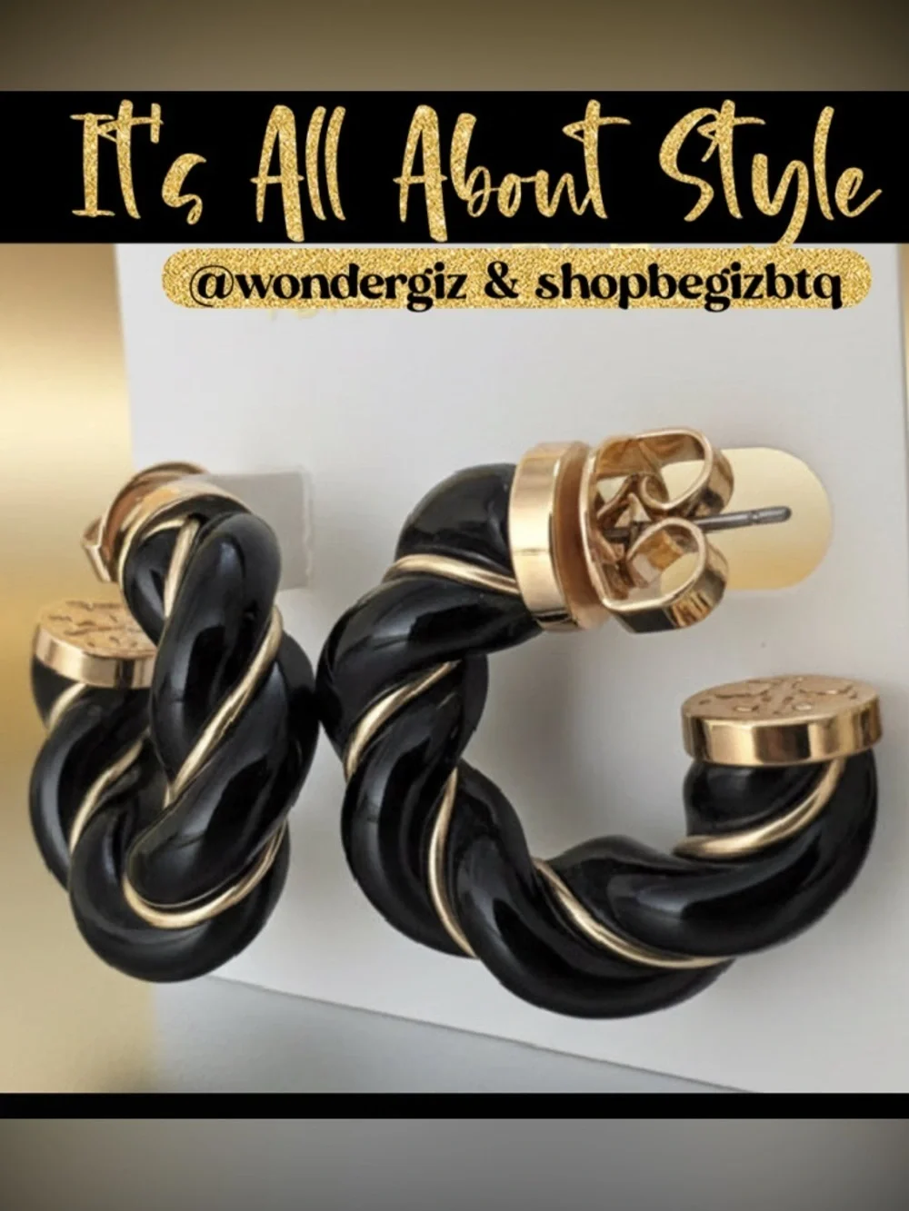 NWT Authentic Tory Burch Black and Gold Textured Rope Hoop Earrings